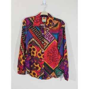 Farm Rio Women Dotted Patch Scarf Print Colorful Button Shirt Silky Blouse Sz M